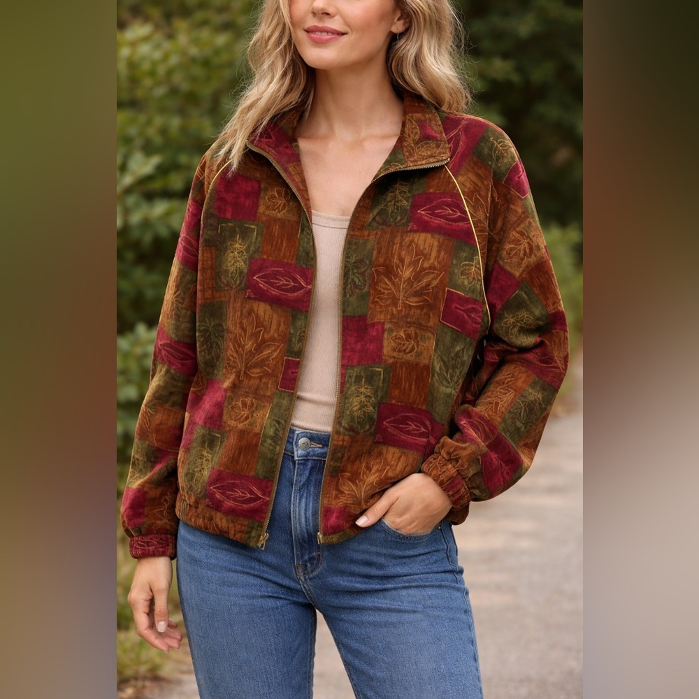 Vintage Teddi Leaf Print Zip Jacket Earth Tone with Gold |Size Medium🍂🍁